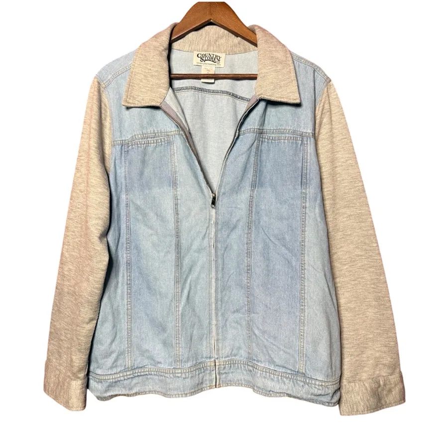 Country Store Women XL Mixed Media Denim Knit Light Wash Grey Shacket Jacket Blue