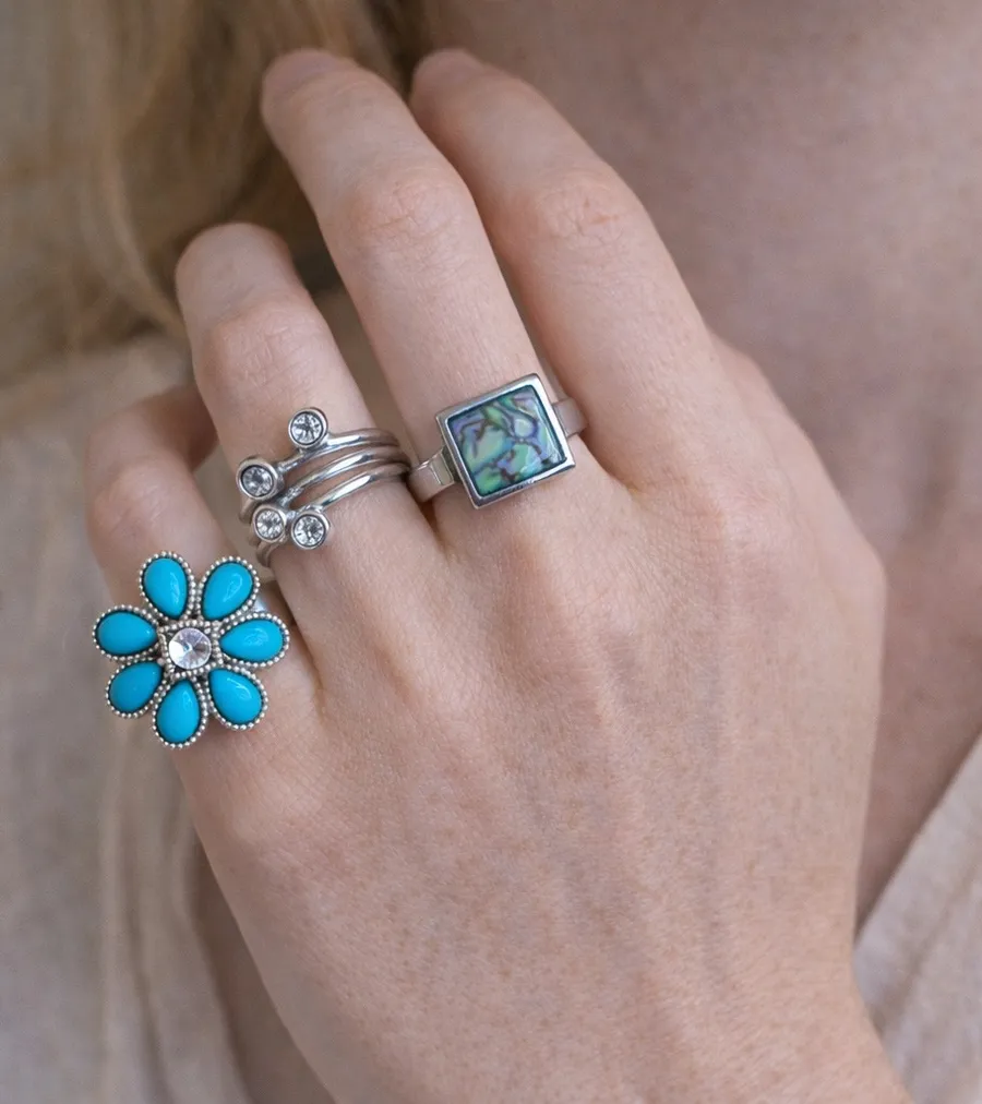 Turquoise and Silver Flower Ring Blue