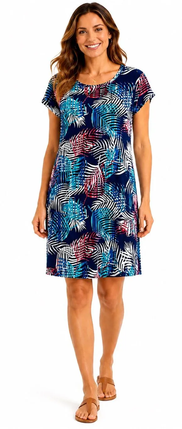 Tommy Bahama Women’s M Tropical Palm Leaf Print Tunic Top Navy Blue Stretch