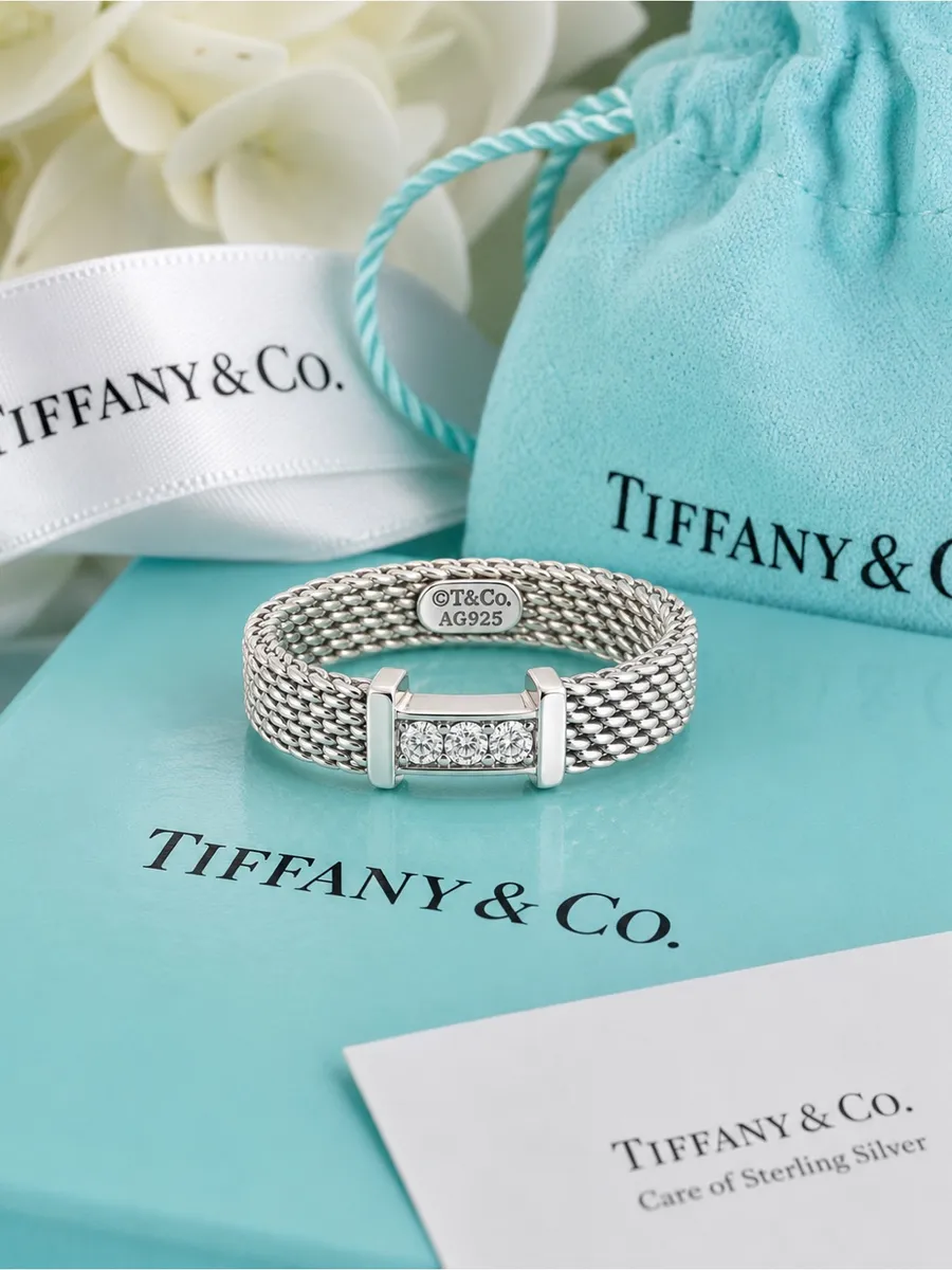 Tiffany & Co. Somerset Mesh 3 Diamond Ring Sterling Silver Rare Retired Size 5