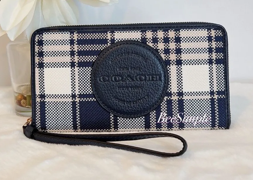 NWT Coach Dempsey Large Phone Wallet With Garden Plaid Print And Coach Patch