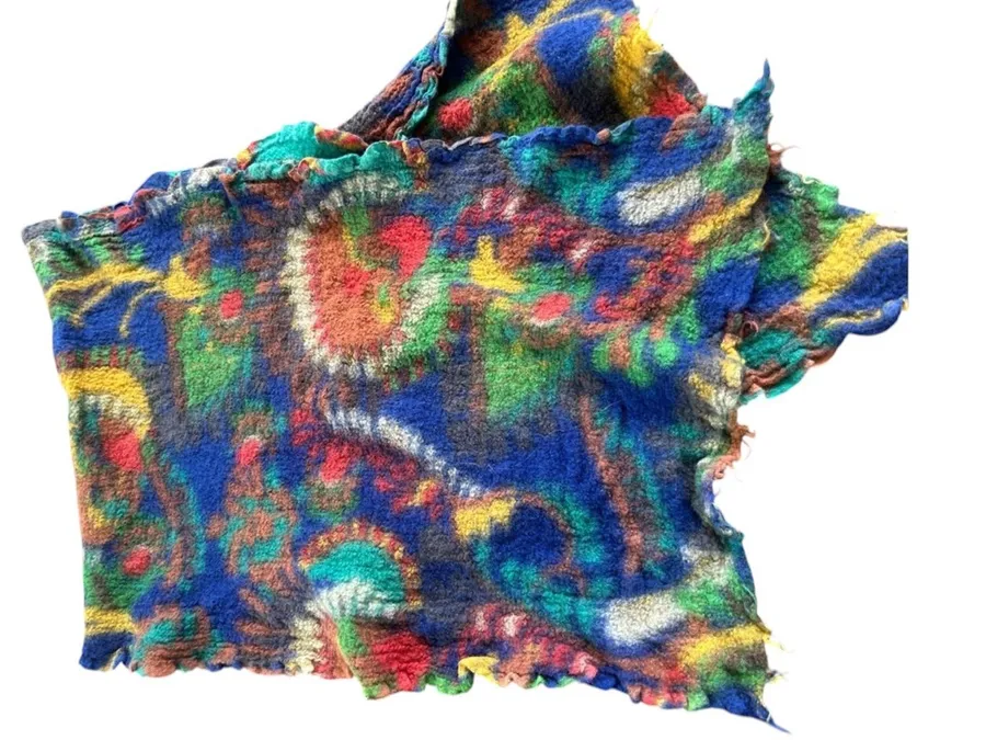 Moksha bold artsy printed watercolor scarf wool 42” ladies one size whimsical Blue