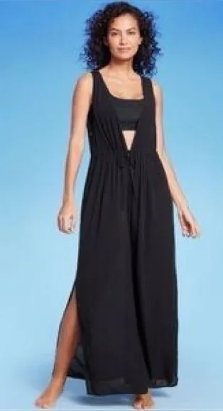 NWT Kona Sol Swim Cover Up L XL Black Sheer Resort Wear Breezy Maxi Beach C15
