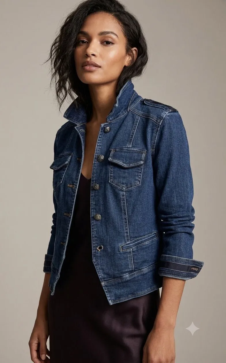 White House Black Market Denim Jean Jacket Size 4 Engraved Buttons