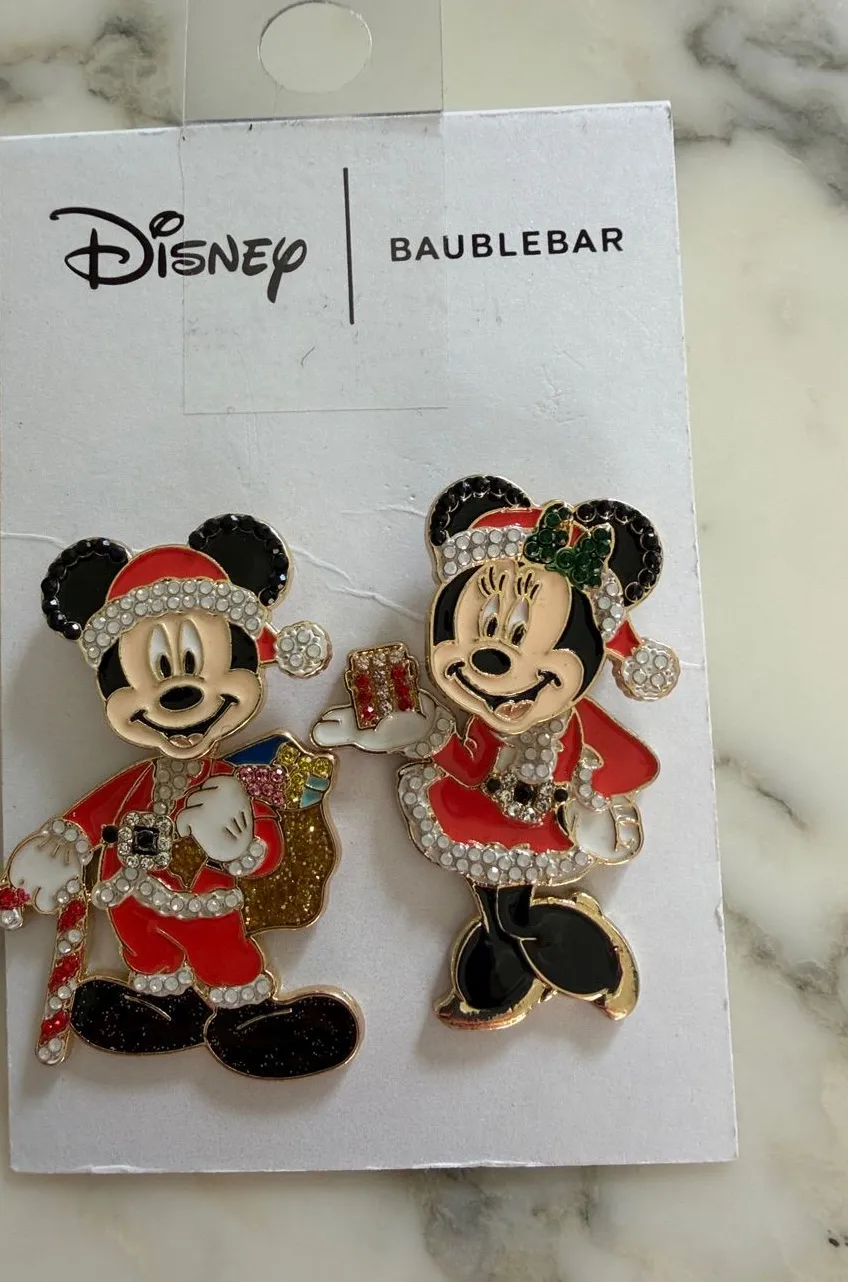 NWT Disney x BaubleBar Mickey & Minnie Christmas Holiday Statement Earrings