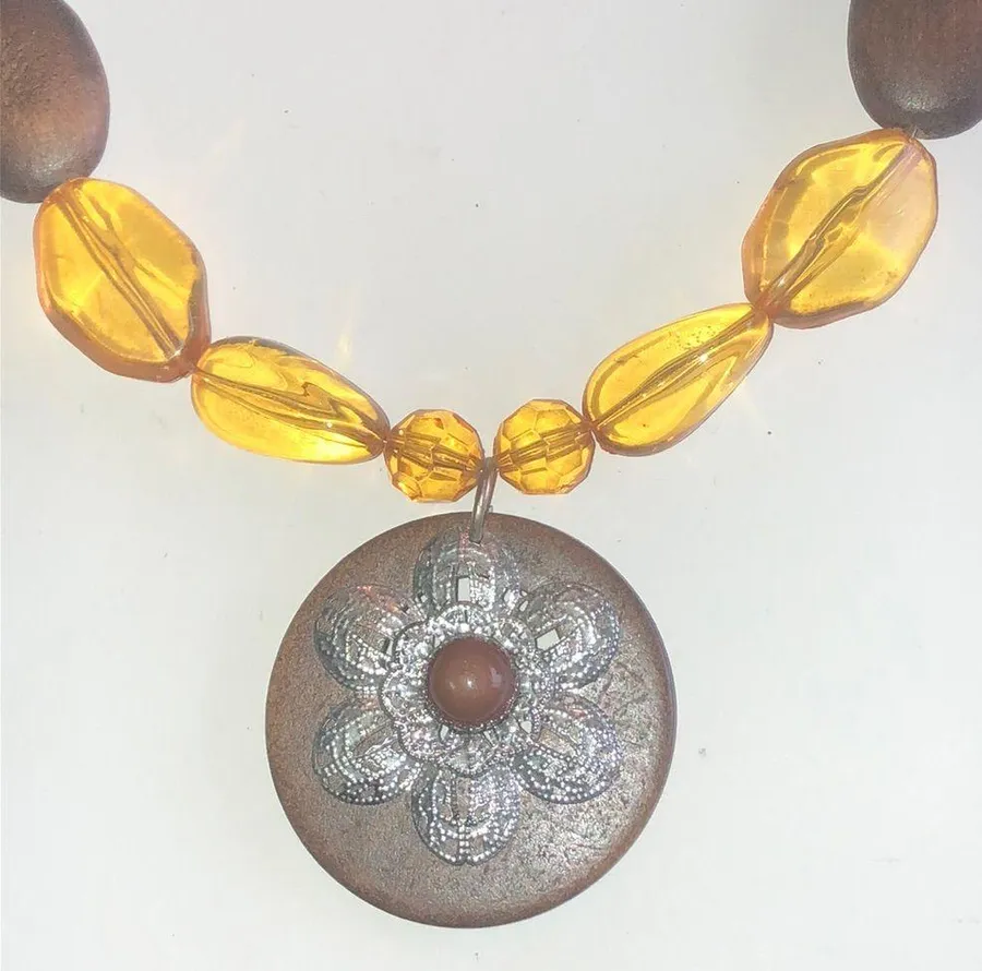 Brown and Yellow Beaded Necklace with Floral Boho Pendant