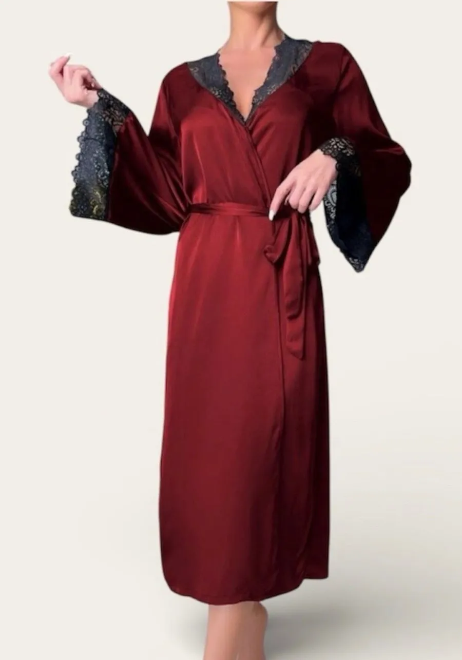 Satin Robe with Lace Trim Red Size M