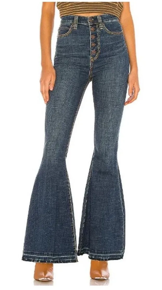 We The Free High Rise Flare Jeans Dark Wash Button Fly Bell Bottoms