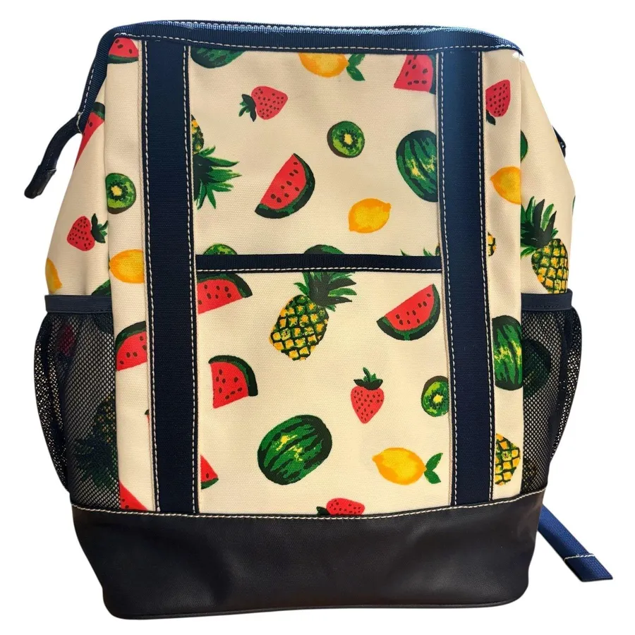Lands End Large Canvas Coated Fruit Print Backpack Navy Trim Insulated CoolerBag
