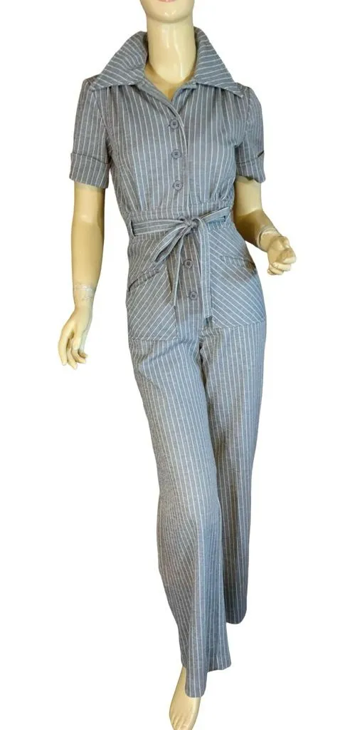 VINTAGE CIRCA 1970'S GRAY W/WHITE PINSTRIPE BELL BOTTOM JUMPSUIT (S)