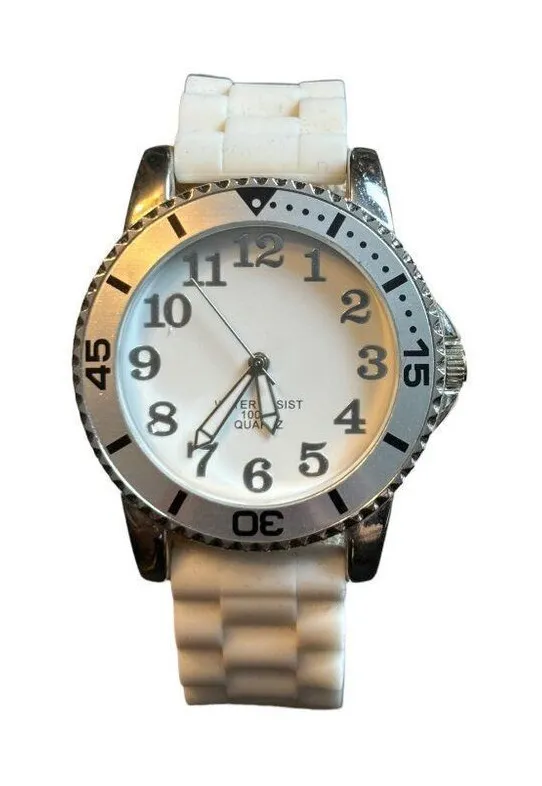White Silicone Strap Stainless Steel Quartz Watch NEW BATTERY Silver