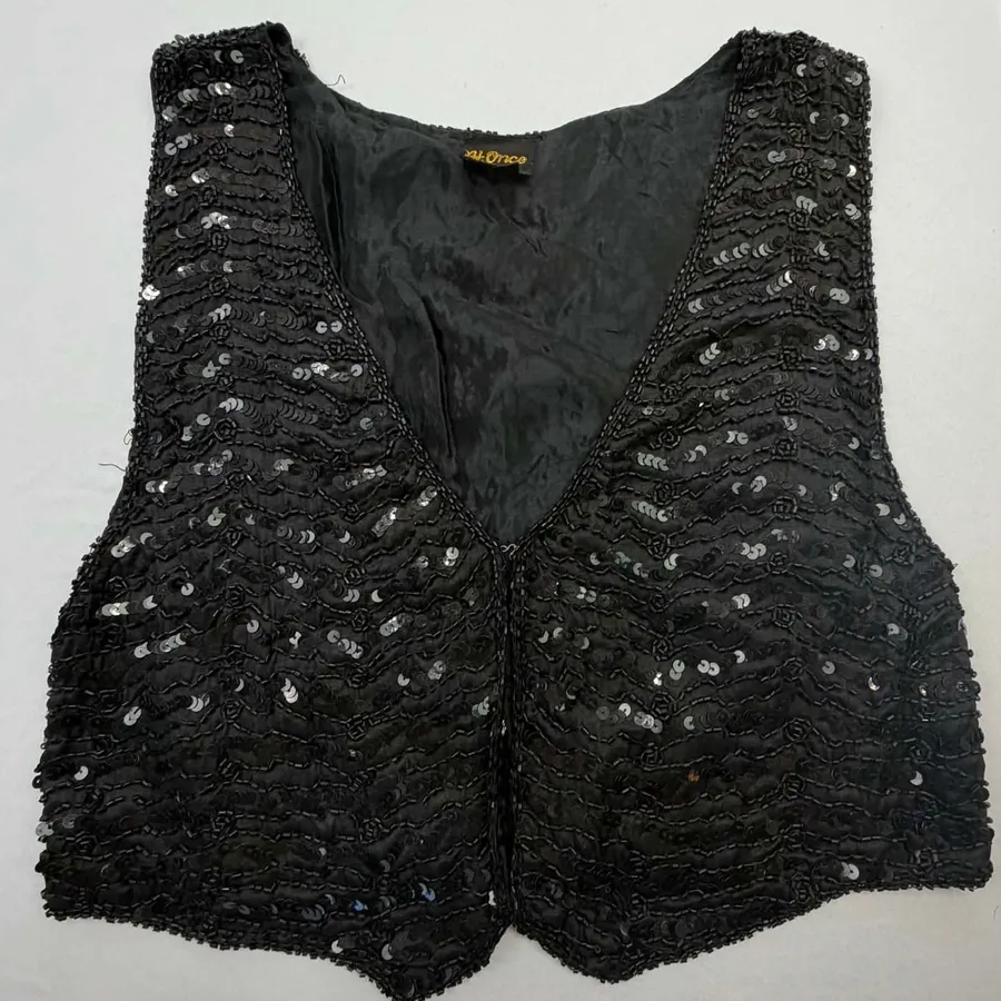 At Once Vintage Black Silk Beaded and Sequined Cropped Vest, Size Large