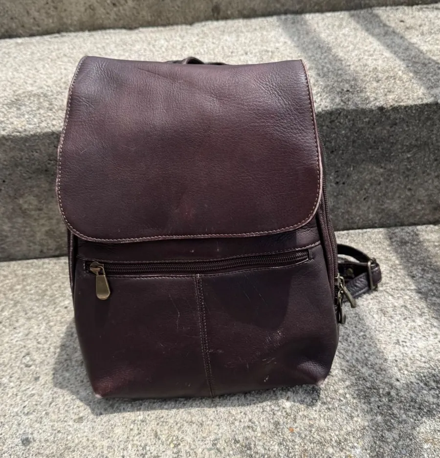 Davis King Vintage Dark Brown Patina Leather Mini Rucksack Flap Zipper Pockets