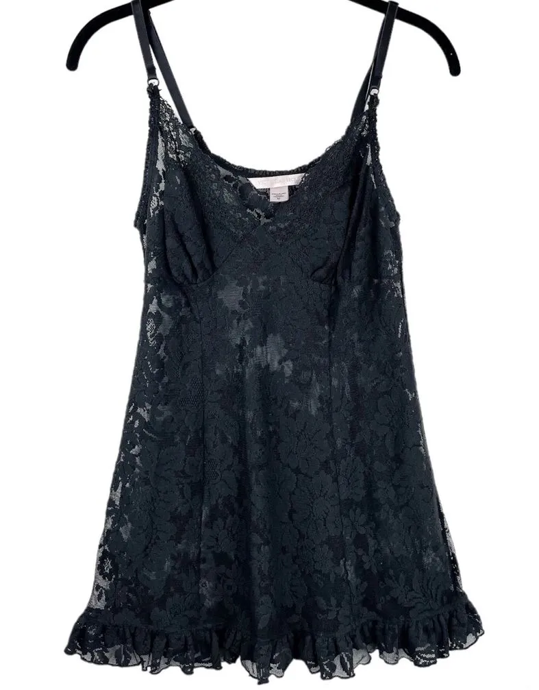 Victoria’s Secret Black Floral Lace Slip Dress Medium Ruffle Hem Sexy Lingerie