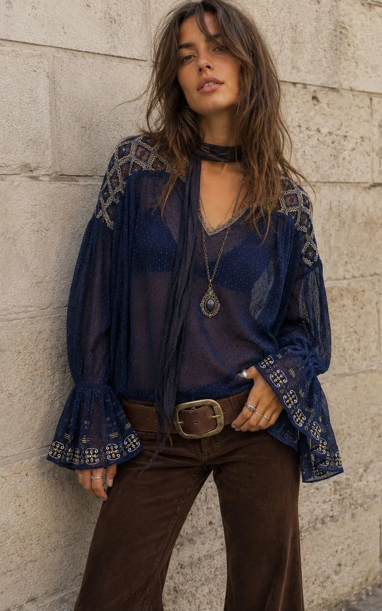 Free People Joyride Sheer Embroidered Boho Bell Sleeve Top