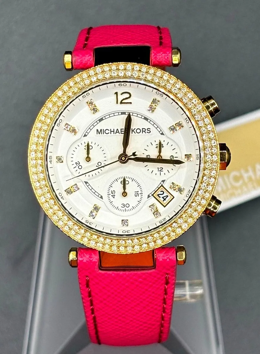 Michael Kors Parker MK2297 Crystal Chronograph Pink Leather Watch NWT