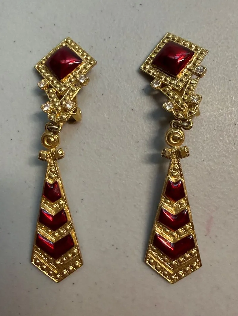 Vintage Gold-Tone Clip on Red Chevron Drop Earrings - Women Jewelry