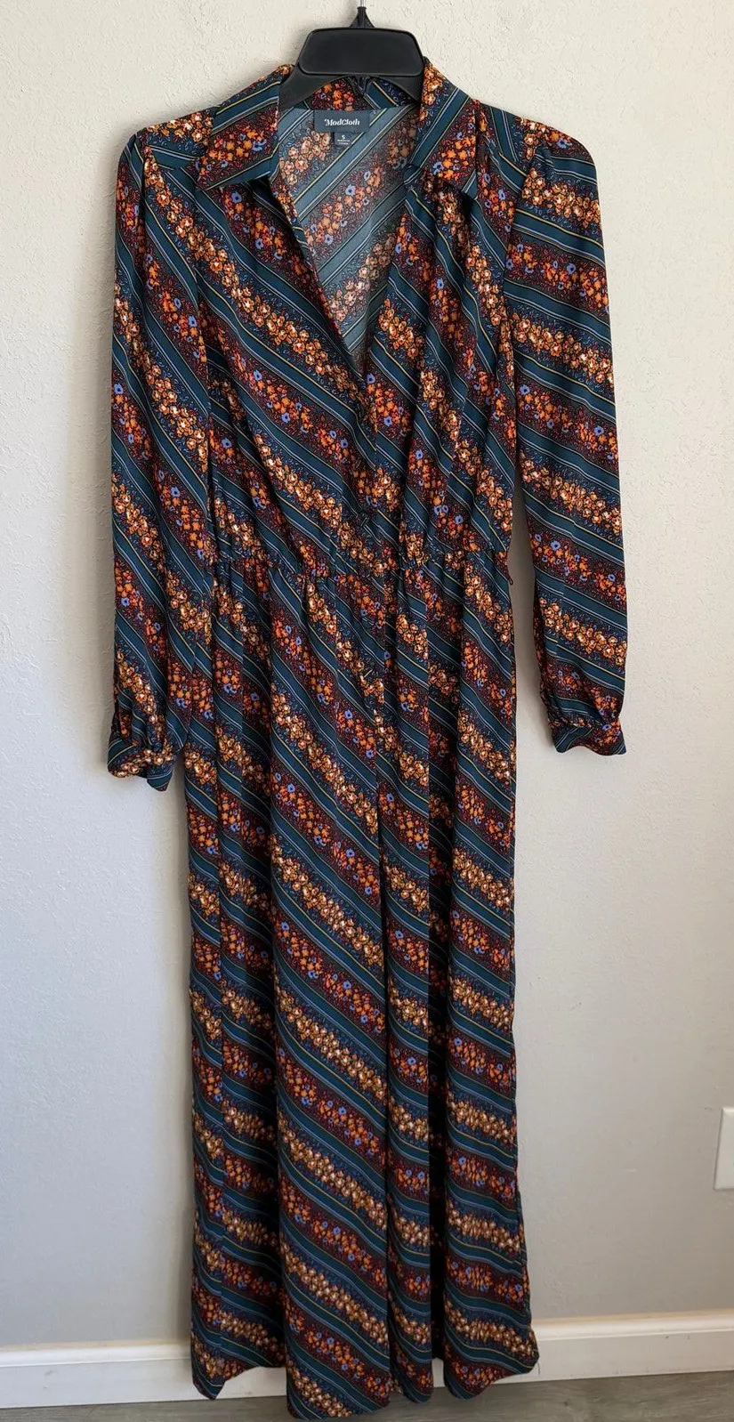 ModCloth Mix & Matchmaker Jumpsuit Teal Blue Orange Floral Striped VNeck Women S