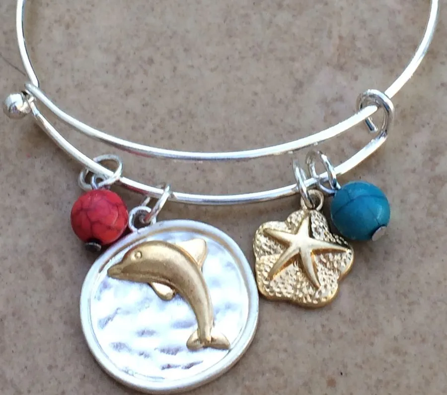 Two Tone Dolphin Nautical Beach Charm Bangle Gold
