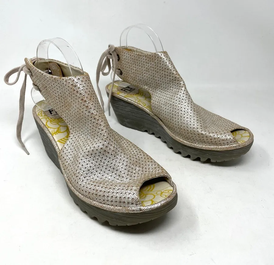 Fly London Ypul Perforated Metallic Leather Wedge Back Tie Open Toe Sandals 41