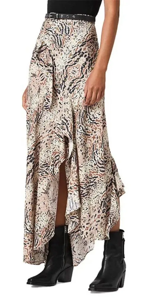 Womens Size 6 ALLSAINTS Raya Arietta Animal Print Ruffled Midi Maxi Skirt