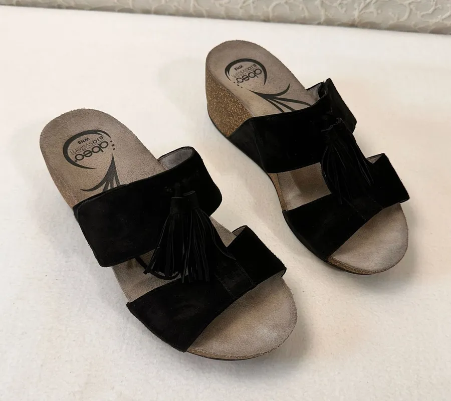 Abeo Women's Sandals Size 8 Black Suede Wedge Adjustable Strap Comfort Shoes