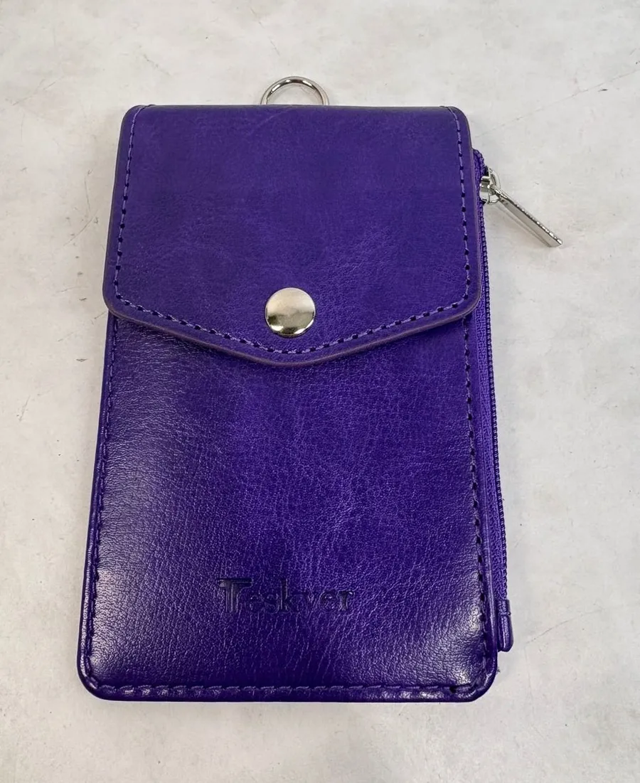 Teskyer Purple Faux Leather ID Badge Holder Wallet Card Case with Zipper Pocket