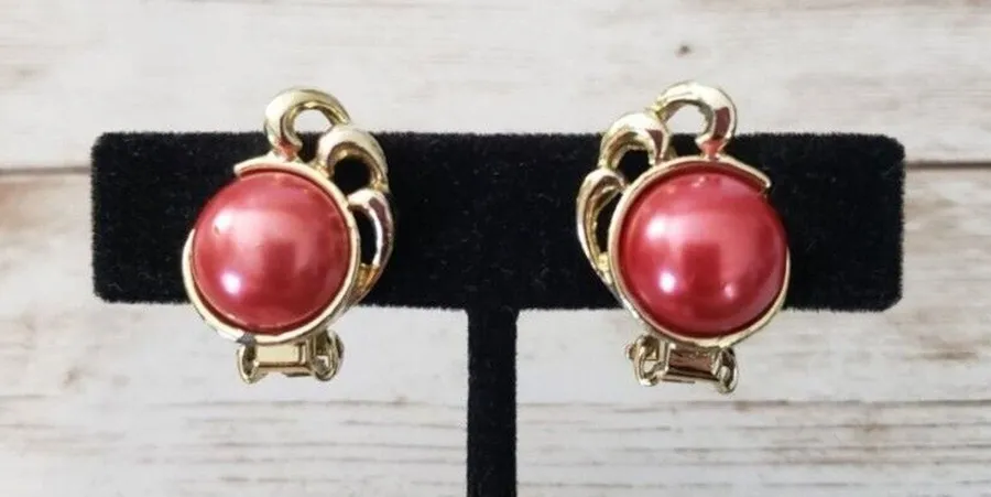 Vintage Clip On Earrings Fancy Gold Tone & Red Domed Circle