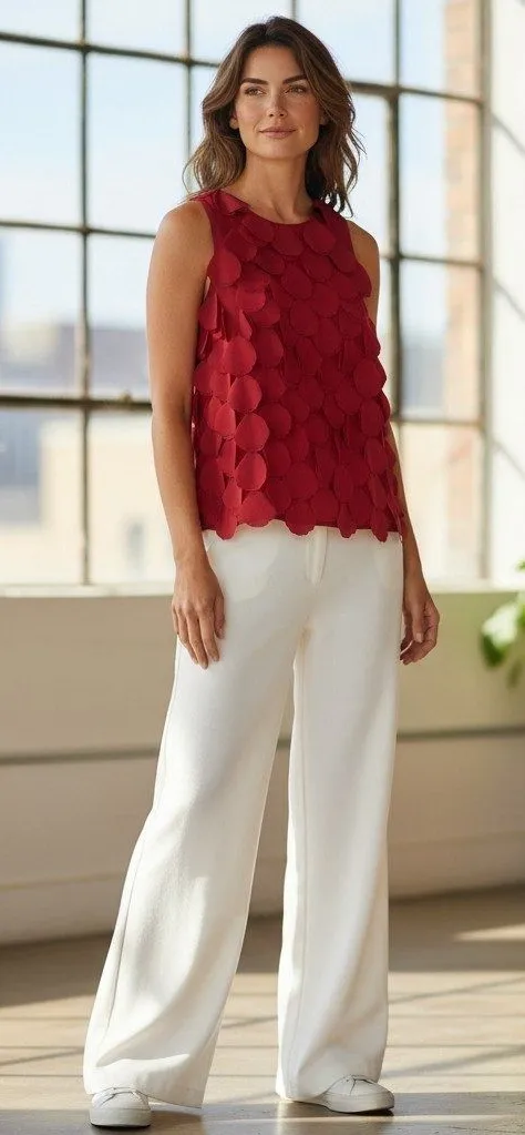 Ann Taylor Petite Red Petal Flower Applique Sleeveless Shell Top Blouse 4P