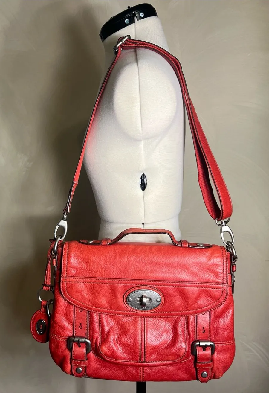 Fossil Maddox Genuine Leather 1954 Red Crossbody Handbag Satchel Purse ZB5032