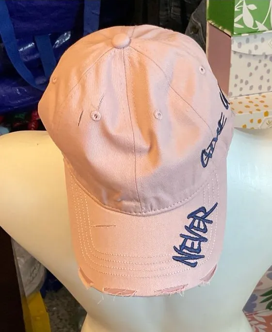 Pink Distressed Baseball Cap with Navy Script