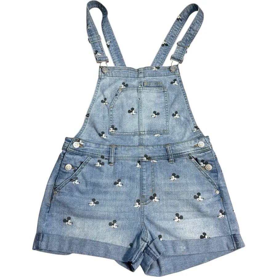 Disney Parks Mickey Mouse Denim Short Overalls Juniors Size Medium Bounding
