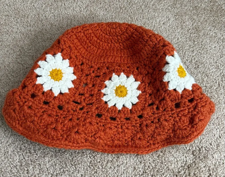 Crochet Flower Bucket Hat Orange Weaving Wide Brim Bucket Fisherman Cap