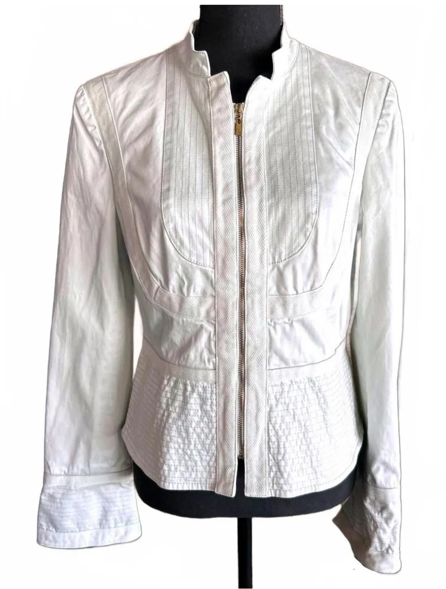Eccoci Womens Jacket Sz 10 Soft White Zip Up Stitching Design Career
