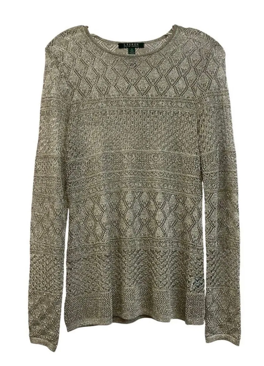 Lauren Ralph Lauren Women's Metallic Gold Long Sleeve Open Knit Pullover Sweater