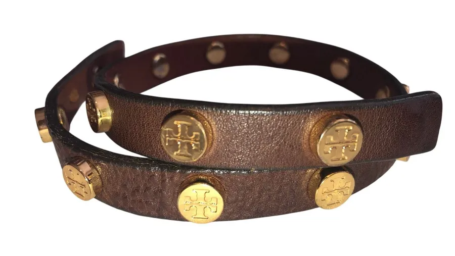 Tory Burch Leather Wrap Bracelet Brown Gold Tone Logo Studs Boho Chic Equestrian