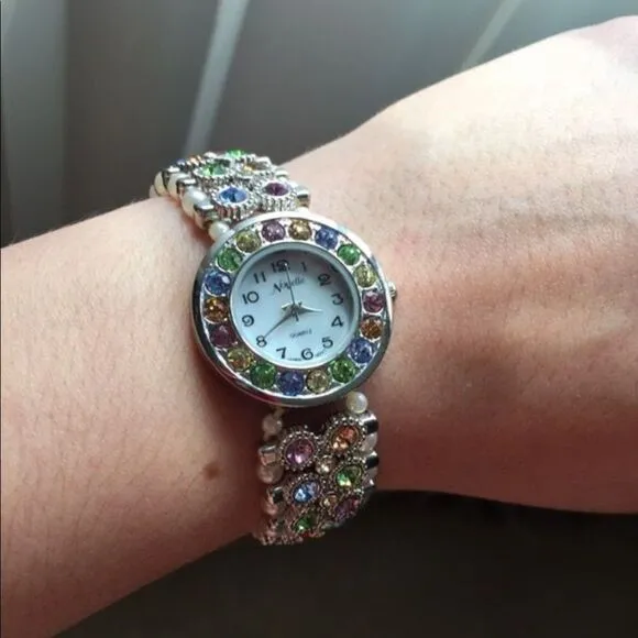 Novelle colorful crystal beaded band watch Silver