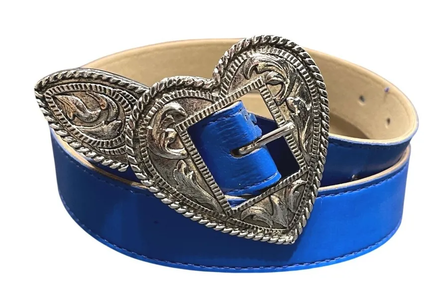 Vintage 90s Blue Leather Western Cowgirl Festival Heart Silver Buckle Belt M