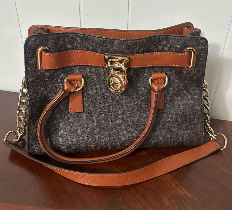 Michael Kors Hamilton Satchel Brown Monogram Canvas Tan Leather Gold Padlock Bag