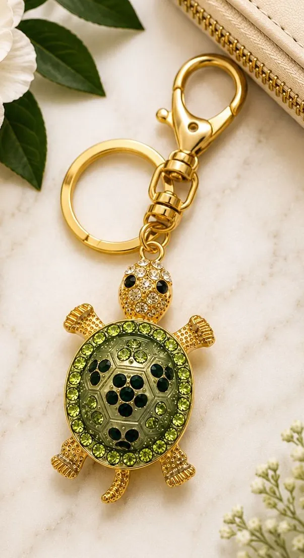 NEW Green Rhinestone Turtle Keychain Bag Charm | Gold Tone Sea Turtle Charm