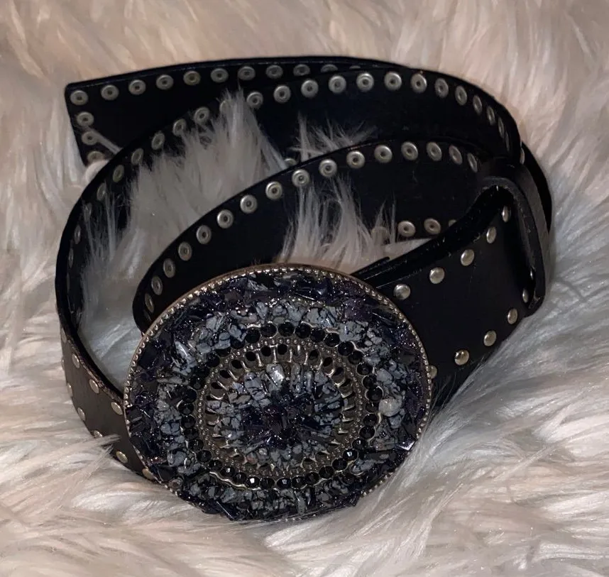 Black Studded Leather Belt with Decorative Round Buckle