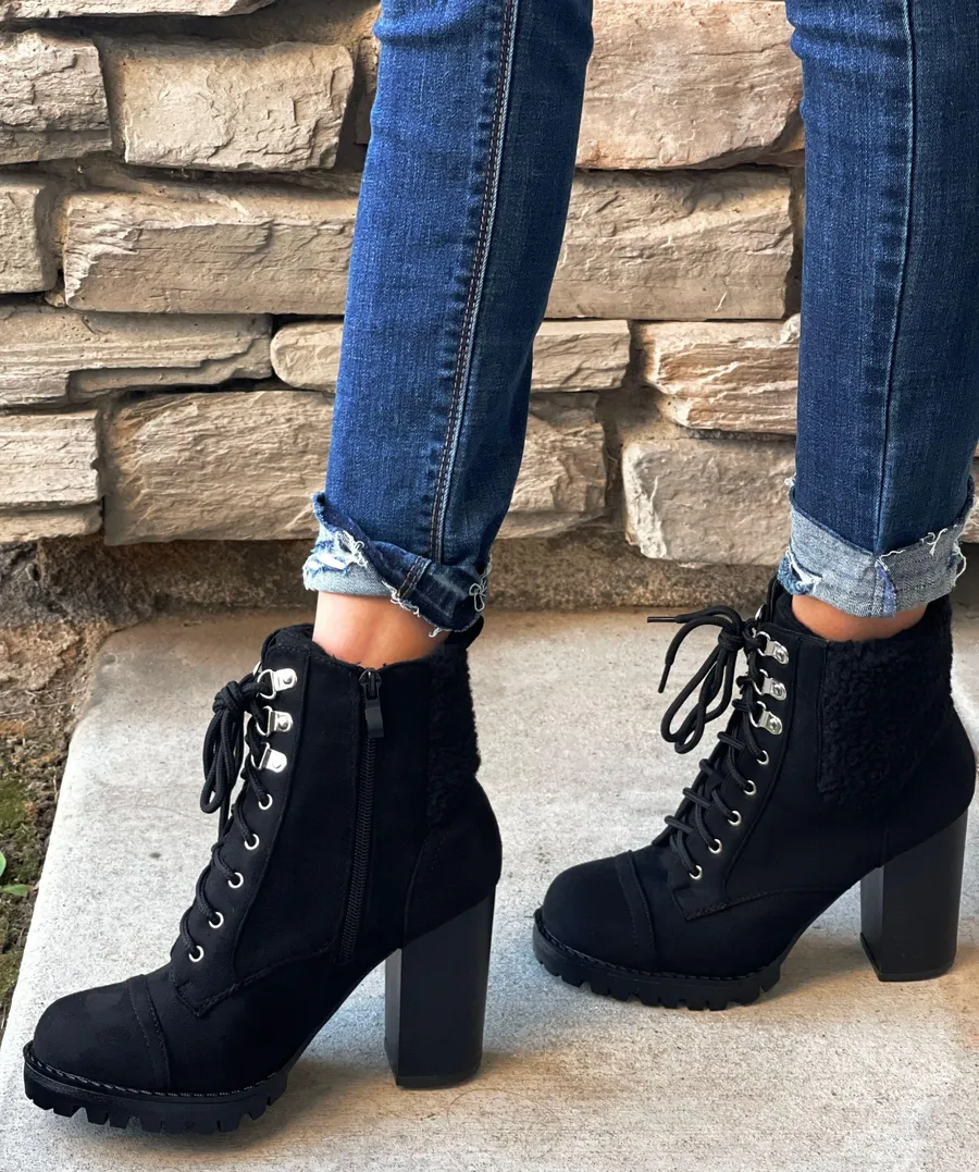 Black Sherpa Log Sole Ankle Bootie