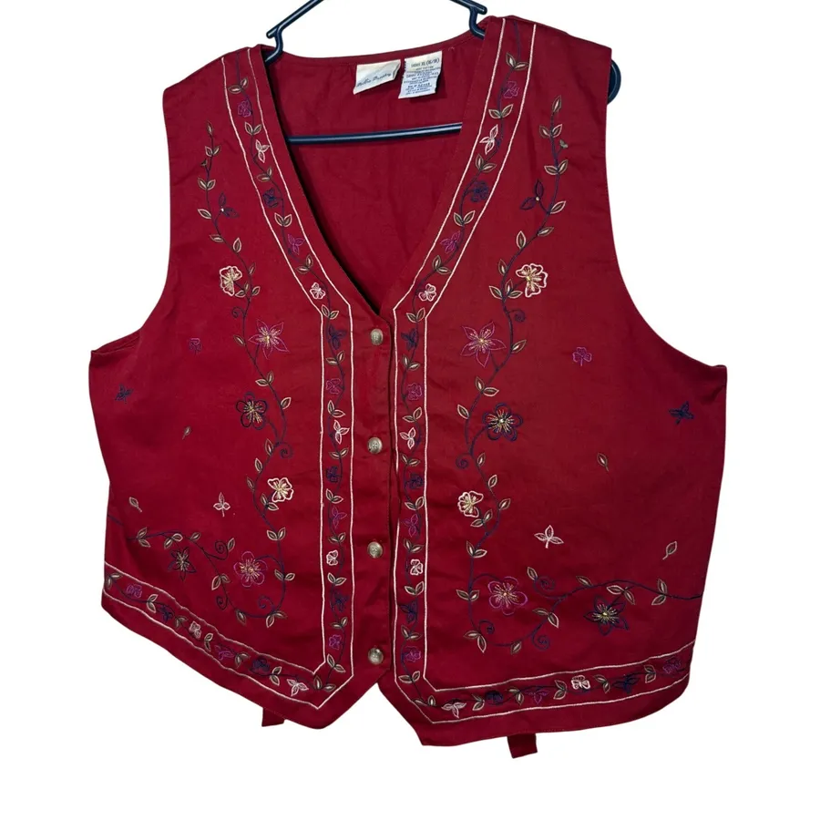 Bobbie Brooks Womens XL Red Cotton Floral Embroidered Button Front Vest