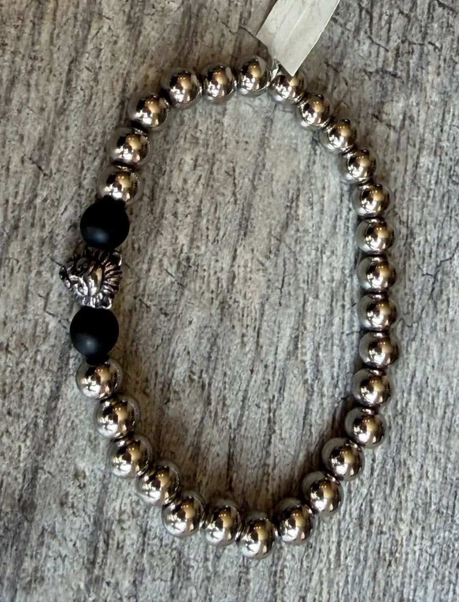 Lion Head Beaded Stretch Bracelet Jewelry Metal Black Silver Tone Polished Goth