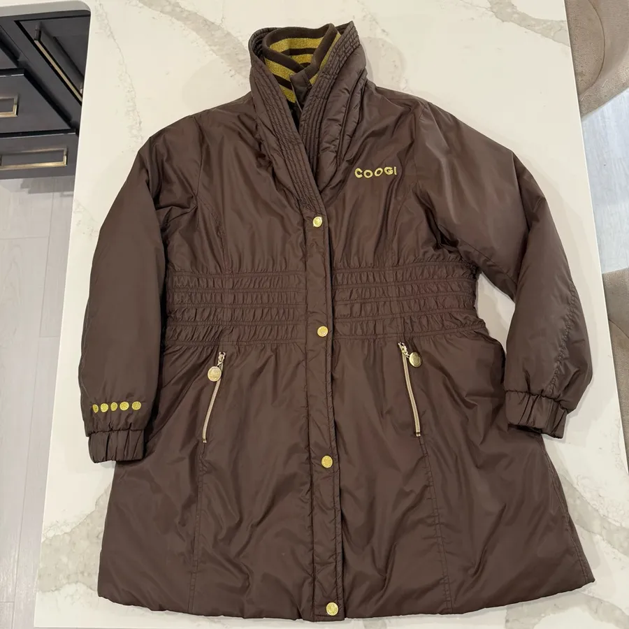 Vintage COOGI Long Puffer Coat Cinch Waist Women’s 2X Brown/Gold Large Back Logo