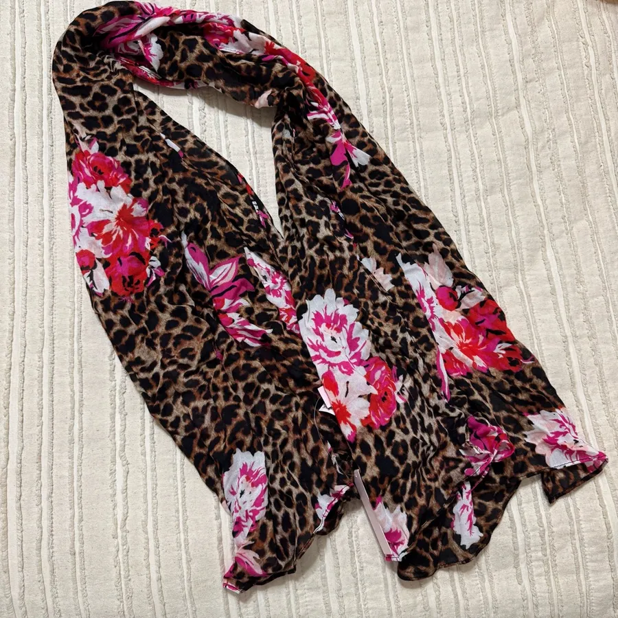 NWT Victoria's Secret Brown Leopard Scarf with Pink Floral Print
