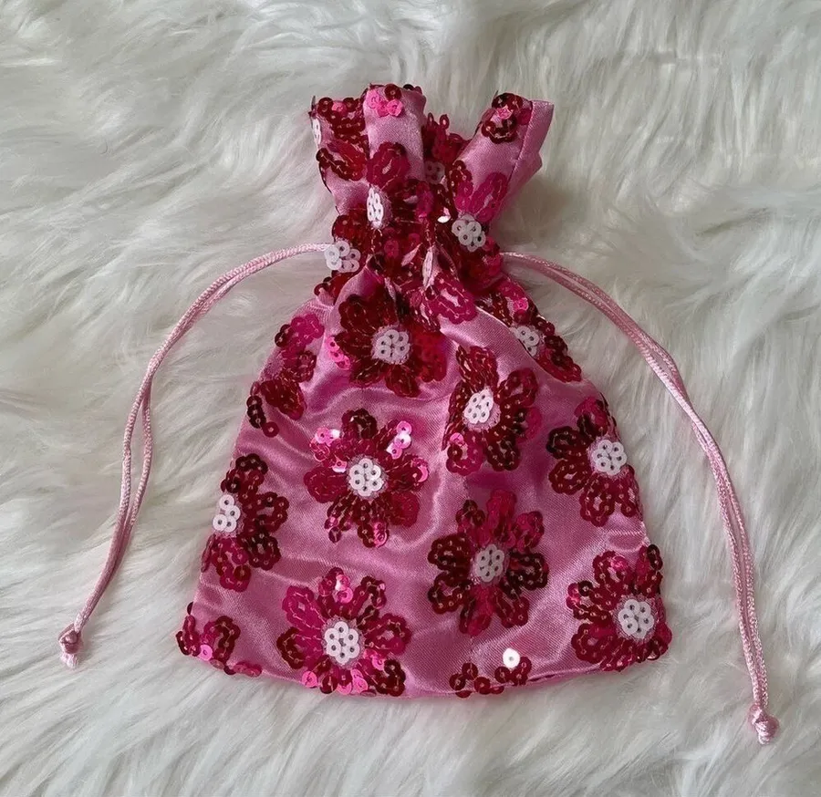 Pouch Pink Satin Sequin Drawstring Floral