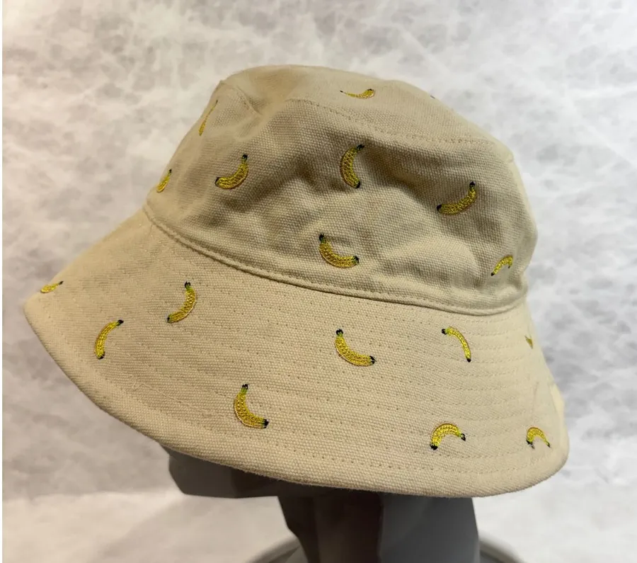 Beige Embroidered Banana Pattern Canvas Bucket Hat Summer Festival Sun Cap Tan