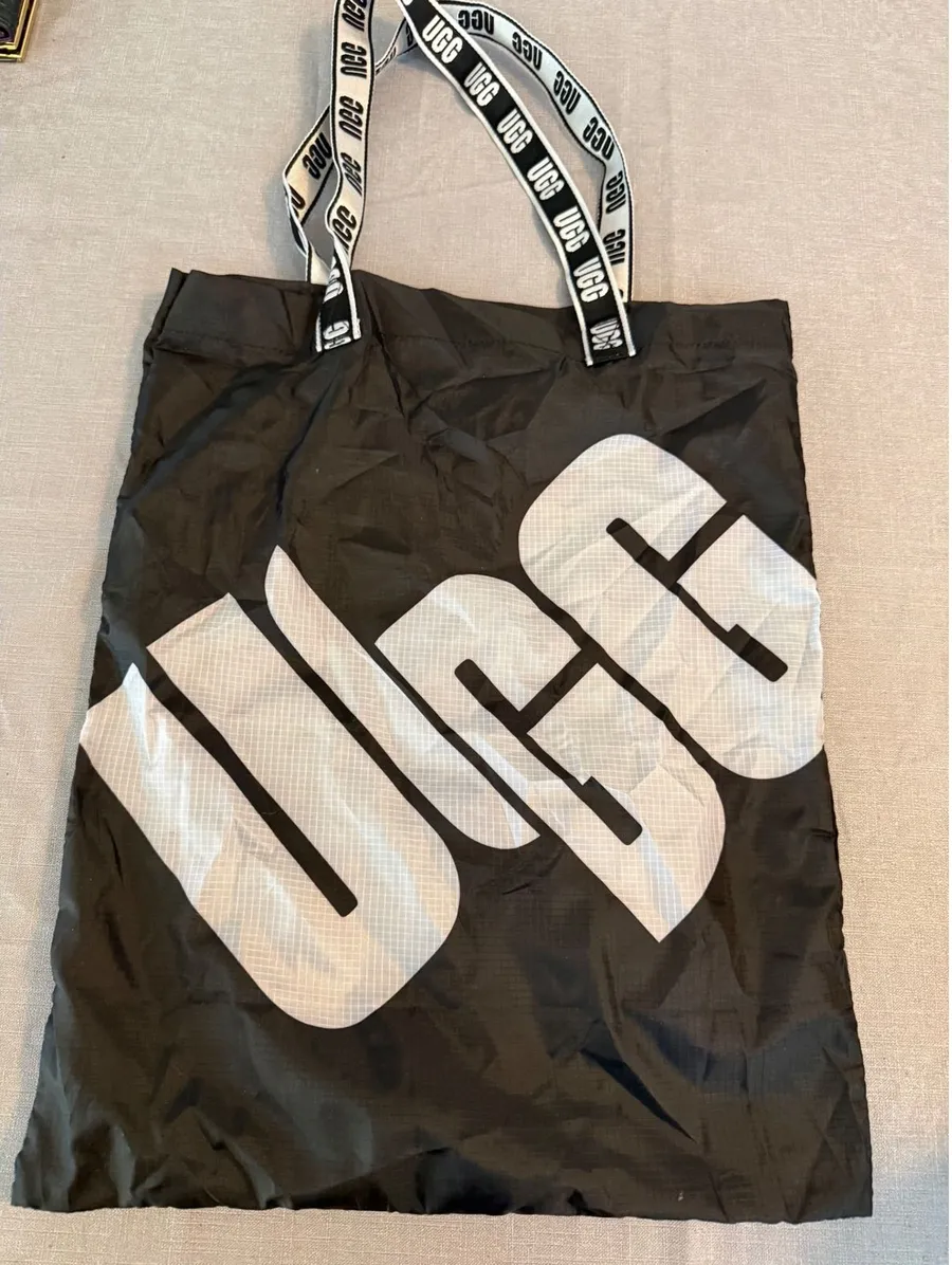 UGG Black Ripstop Nylon Packable Tote Bag White Logo Branded Handles Shopper