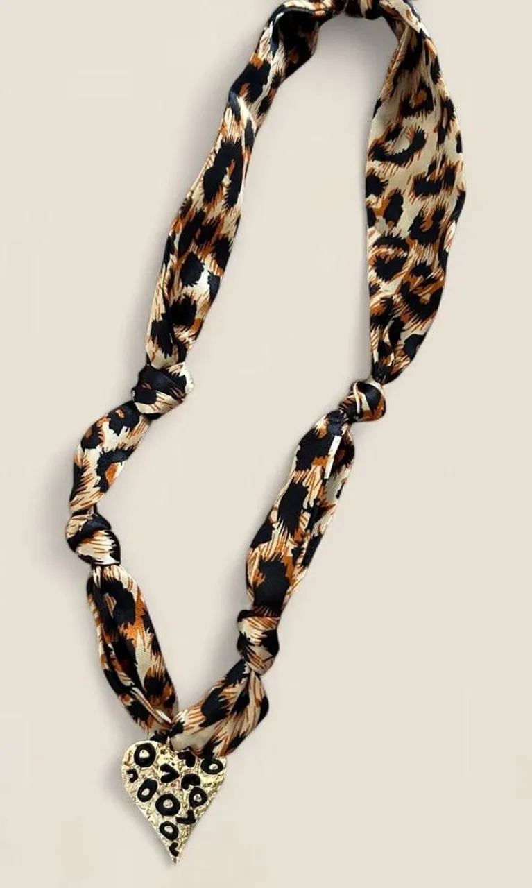 Leopard Print Scarf Necklace Gold Heart Pendant Coquette Y2K